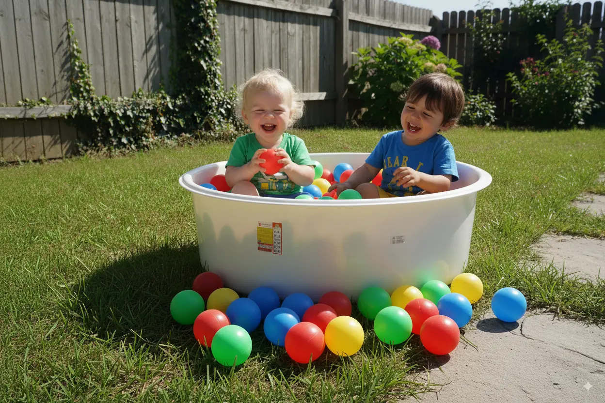 بازی کودکان در وان گرد استوانه ای پلاستیکی