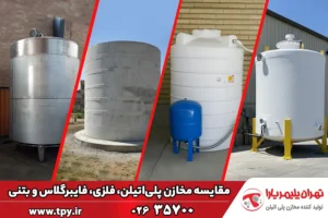 مقایسه جامع انواع مخازن: پلی‌اتیلن، فلزی، فایبرگلاس و بتنی | کاربرد مخزن‌ها